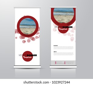 Roll up template. Vertical banner stand design. Business corporate concept, brochure or flyer. Vector illustration. Red color.