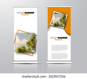 Roll up template. Vertical banner stand design. Business corporate concept, brochure or flyer. Vector illustration. Orange color.