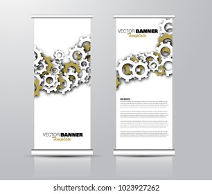 Roll up template. Vertical banner stand design. Business corporate concept, brochure or flyer. Vector illustration. Green color.