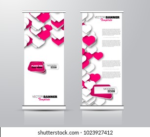 Roll up template. Vertical banner stand design. Business corporate concept, brochure or flyer. Vector illustration. Pink and white hearts.
