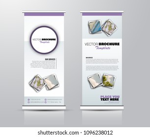 Roll up template. Vertical banner stand design. Business corporate concept, brochure or flyer. Vector illustration. Purple color.