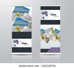 Roll up template. Vertical banner stand design. Business corporate concept, brochure or flyer. Vector illustration. Purple color.