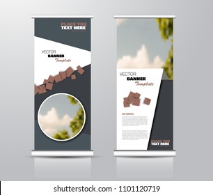 Roll up template. Vertical banner stand design. Business corporate concept, brochure or flyer. Vector illustration. Brown color.
