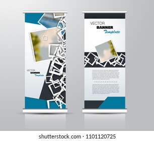 Roll up template. Vertical banner stand design. Business corporate concept, brochure or flyer. Vector illustration. Blue color.