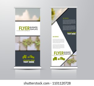 Roll up template. Vertical banner stand design. Business corporate concept, brochure or flyer. Vector illustration. Green color.