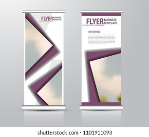 Roll up template. Vertical banner stand design. Business corporate concept, brochure or flyer. Vector illustration. Purple color.