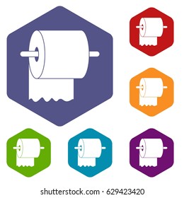 Roll of toilet paper on holder icons set hexagon isolated vector illustration