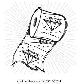 Roll of toilet paper with a picture of a diamond. Outline vector illustration isolated on white background.