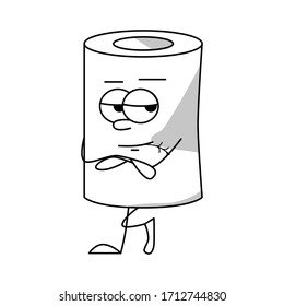 a roll of toilet paper rests against the wall. funny character.