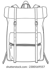 roll top backpack flat sketch vector illustration technical cad drawing template