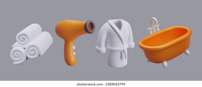 Toallas, albornoz blanco, bañera naranja y secador de pelo. El cuidado del cuerpo y el pelo y el concepto de higiene personal. Ilustración vectorial en un estilo 3d realista con fondo gris