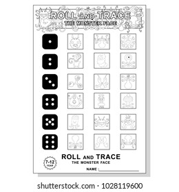 Roll and trace with monsters. Children's dice game template design. Vector coloring book page illustration.