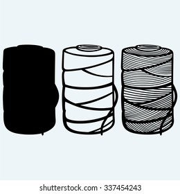 Roll of twine cord. Isolated on blue background. Vector silhouettes