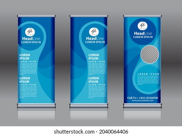 roll up, pull up , x banner , modern design template. Blue vertical banner template.