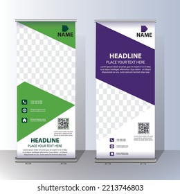roll up, pull up , x banner , modern design, Minimalism Abstract Modern Exhibition Advertising Trend Business Roll Up Banner Stand Poster Brochure flat design template creative concept.Vector. EPS