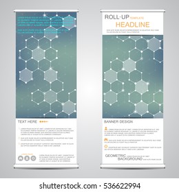 Roll up, vertical banner for presentation and publication. Abstract background. Medicine, science, technology and business  templates. Molecule structure of DNA and neurons vector.