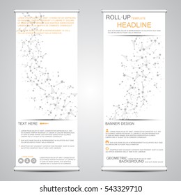 Roll up, vertical banner for presentation and publication. Abstract background. Medicine, science, technology and business templates. Molecule structure of DNA and neurons vector.