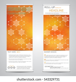 Roll up, vertical banner for presentation and publication. Abstract background. Medicine, science, technology and business  templates. Molecule structure of DNA and neurons vector.