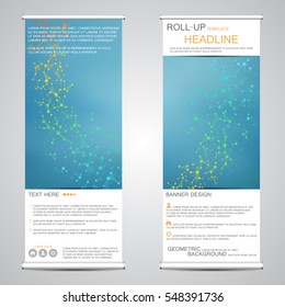 Roll up, vertical banner for presentation and publication. Abstract background. Medicine, science, technology and business templates. Molecule structure of DNA and neurons vector.