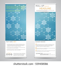 Roll up, vertical banner for presentation and publication. Abstract background. Medicine, science, technology and business templates. Molecule structure of DNA and neurons. Vector illustration.
