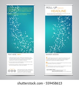 Roll up, vertical banner for presentation and publication. Abstract background. Medicine, science, technology and business templates. Molecule structure of DNA and neurons. Vector illustration.