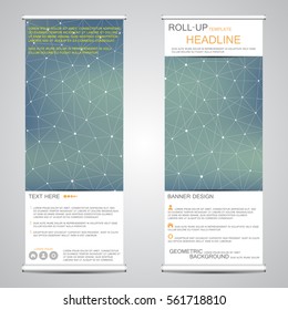 Roll up, vertical banner for presentation and publication. Abstract background. Medicine, science, technology and business templates. Molecule structure of DNA and neurons. Vector illustration.