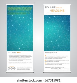 Roll up, vertical banner for presentation and publication. Abstract background. Medicine, science, technology and business templates. Molecule structure of DNA and neurons. Vector illustration.