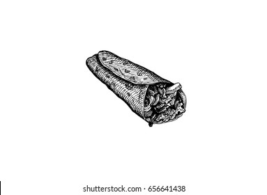 Roll vector, chicken roll, fast food, doner kebab, shawarma, graphic hand drawn illustration isolated on white background