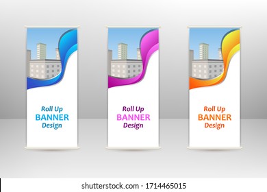 Roll up vertical banner, business design template, vector illustration