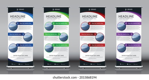 Roll up vertical banner design template vector with three images 3 titles and 4 concepts. Information advertisement X-banner and Street Business Flag Exhibition banner. Red Green Blue Purple colors