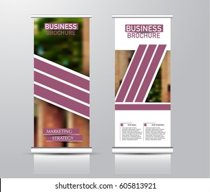 Roll up vertical banner template. Stand panel design. Business corporate concept brochure or flyer. Vector illustration. Purple color
