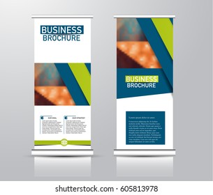 Roll up vertical banner template. Stand panel design. Business corporate concept brochure or flyer. Vector illustration. Green and blue color