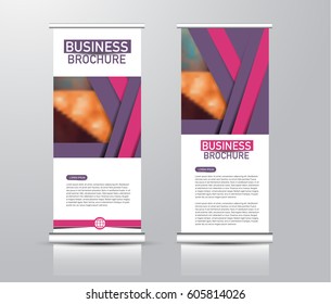Roll up vertical banner template. Stand panel design. Business corporate concept brochure or flyer. Vector illustration. Pink and purple color