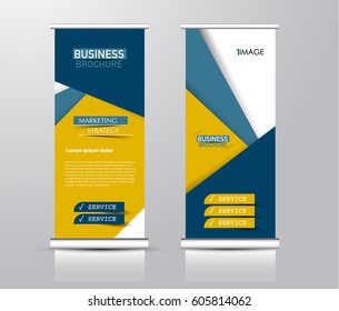 Roll up vertical banner template. Stand panel design. Business corporate concept brochure or flyer. Vector illustration. Blue and yellow color