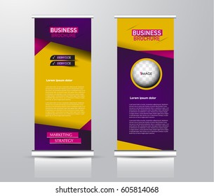 Roll up vertical banner template. Stand panel design. Business corporate concept brochure or flyer. Vector illustration. Pink, yellow, and purple color