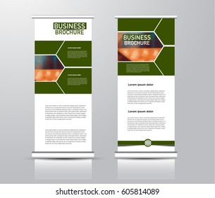 Roll up vertical banner template. Stand panel design. Business corporate concept brochure or flyer. Vector illustration. Green color