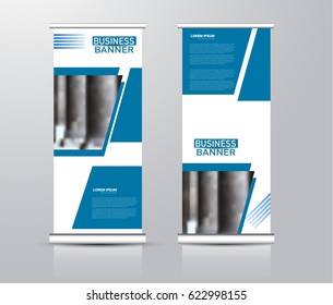 Roll up vertical banner template. Stand panel design. Business corporate concept brochure or flyer. Vector illustration. Blue color.