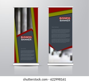 Roll up vertical banner template. Stand panel design. Business corporate concept brochure or flyer. Vector illustration. Green and red color.