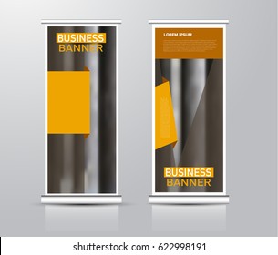 Roll up vertical banner template. Stand panel design. Business corporate concept brochure or flyer. Vector illustration. Orange color.