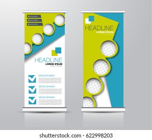 Roll up vertical banner template. Stand panel design. Business corporate concept brochure or flyer. Vector illustration. Blue and green color.