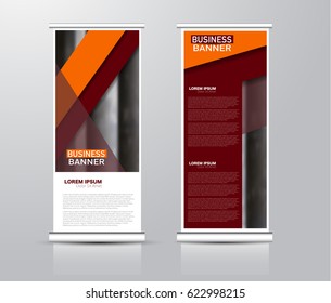Roll up vertical banner template. Stand panel design. Business corporate concept brochure or flyer. Vector illustration. Red and orange color.