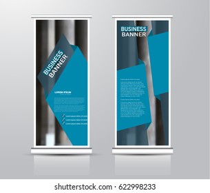 Roll up vertical banner template. Stand panel design. Business corporate concept brochure or flyer. Vector illustration. Blue color.