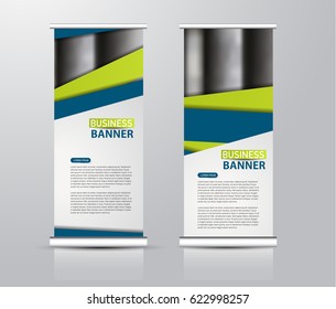 Roll up vertical banner template. Stand panel design. Business corporate concept brochure or flyer. Vector illustration. Blue and green color.