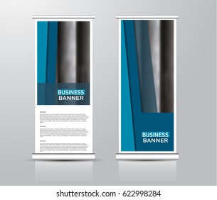 Roll up vertical banner template. Stand panel design. Business corporate concept brochure or flyer. Vector illustration. Blue color.