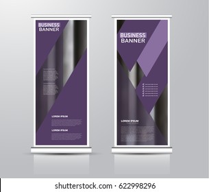 Roll up vertical banner template. Stand panel design. Business corporate concept brochure or flyer. Vector illustration. Purple color.
