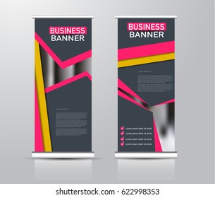 Roll up vertical banner template. Stand panel design. Business corporate concept brochure or flyer. Vector illustration. Yellow and pink color.