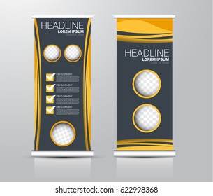 Roll up vertical banner template. Stand panel design. Business corporate concept brochure or flyer. Vector illustration. Orange and grey color.