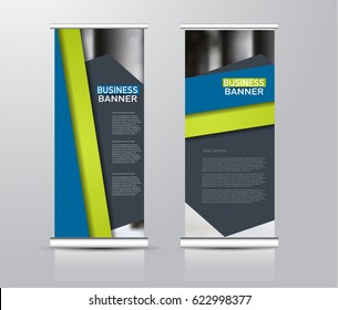 Roll up vertical banner template. Stand panel design. Business corporate concept brochure or flyer. Vector illustration. Blue and green color.