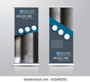 Roll up vertical banner template. Stand panel design. Business corporate concept brochure or flyer. Vector illustration. Blue color