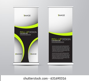 Roll up vertical banner template. Stand panel design. Business corporate concept brochure or flyer. Vector illustration. Black and green color